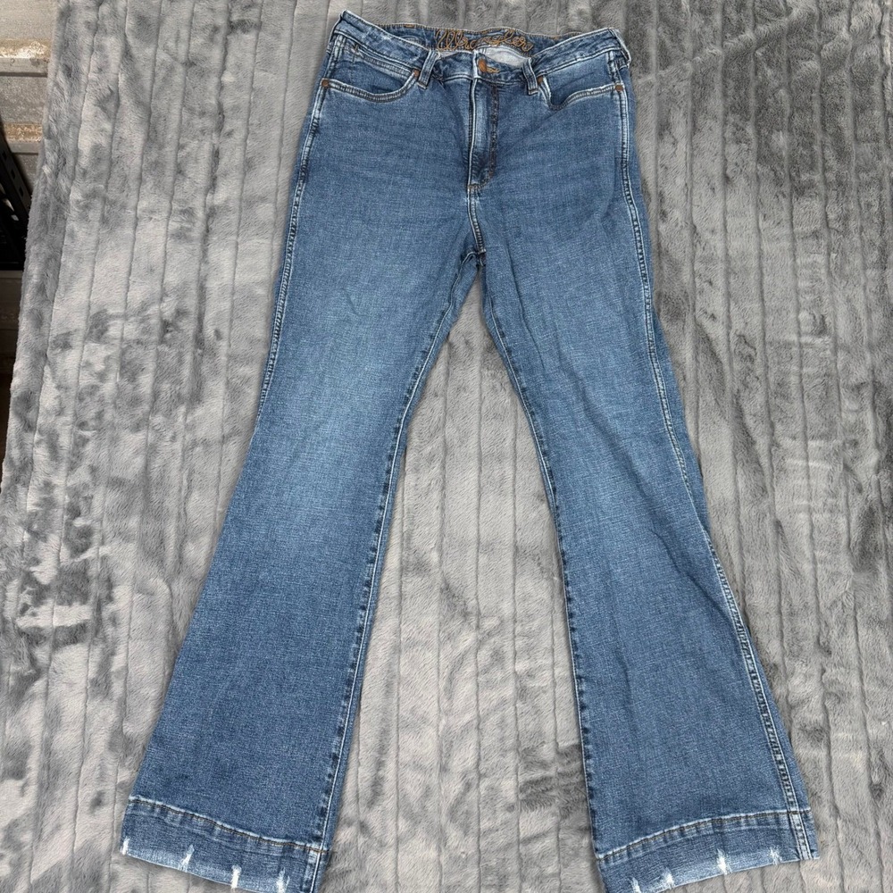 Wrangler High Rise Trouser Jeans Blue Medium Wash Wide Leg Flare 31x33 Distress